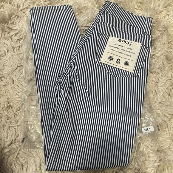 Etica Blue and White Striped Straight Leg Pants - Picture 1 of 6